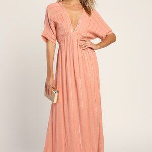 Lulus Goddess Vibes Rusty Rose Gold Striped Dolman Sleeve Maxi Dress Pink